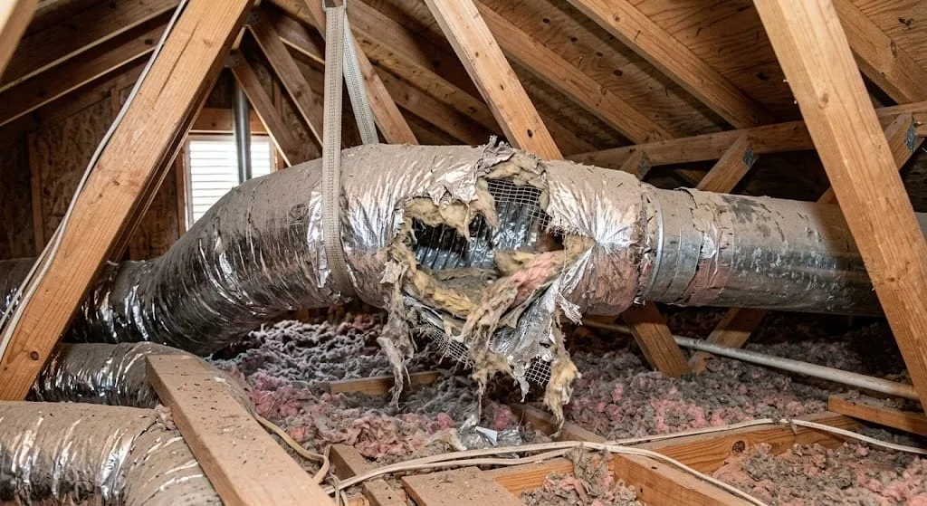 Damaged residential ductwork before repair and sealing