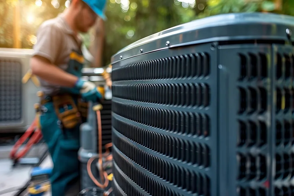 Technician cleaning condenser coils during a maintenance visit